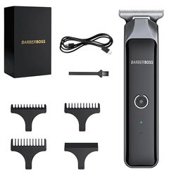 BarberBoss Tagliacapelli ricaricabile per uomo, senza fili, strumento di precisione per tagliare i capelli, set con 3 pettini guida, kit completo per la cura della barba