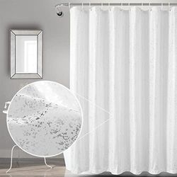 TERLYTEX Silver White Shower Curtain Set - Metallic Silver Foil Sparkle Dots Print Soft Fabric Shower Curtain 72 Inch Length 12 Hooks Included, Grommet Shower Curtain, 72 x 72 Inch, Silver White