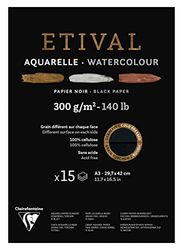 Clairefontaine 975319C - Bloque encolado 1 lado papel de acuarela Etival 15 hojas negras 29, 7 x 42 cm, 300 g, doble grano (doble grano fino y reverso, grano torchón)