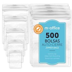 Bolsas con Cierre Hermético, Bolsas Zip de Plástico Transparentes Ideales para Congelar Alimentos, Guarda Documentos, Bolsas Reutilizables y de Conservación · m-office (70x100mm, 500unds)