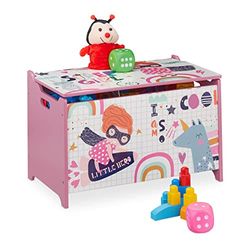 Relaxdays Coffre à Jouets, avec Motif d'héroïne, Coffre à Jouets avec Couvercle, HxLxP : 39x60x36,5 cm, MDF, Rose/Blanc