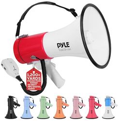 Pyle 50W Megaphone Bullhorn - Portable, Automatic Siren & Adjustable Volume,Projection Range Up to 1200 Square Yards, Aux Input, Talk, Siren, Music, Whistle, & Record, Shoulder Strap (White-Red)