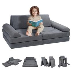 VEVOR Canapé enfant convertible ludique, 10 pcs, fauteuil pour enfants sectionnel en tissu chenille avec housse amovible, éponge 25D haute densité, meuble de salle de jeux pour sommeil, lecture, gris