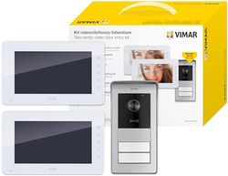 VIMAR K42931 Kit videocitofono Multifamiliare, alimentatore barra DIN, videocitofoni con tastiera capacitiva, targa con lettore RFID con 2 pulsanti, staffe per fissaggio, tradizionale