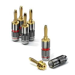 conecto Hoogwaardige banaanstekkers voor alle luidsprekerkabels met een diameter van max. 6 mm², 4 stuks met allround kleurring, rood/zwart, 24 karaat vergulde connectoren, zwart