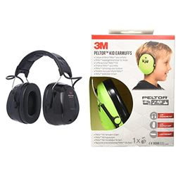 3M HRXS220A Cuffie Elettroniche con Radio FM, Bardatura Temporale, 32 dB, Nero & Cuffie Auricolari Kid H510AK, Protezione Acustica per Bambini, Paraorecchie, Verde Neon