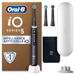 Oral-B iO 5 Brosse À Dents Électrique Noire, Un Capteur De Pression Pour Protéger Les Gencives, Les Dents Sensibles, Des Accessoires, 1 Brossette Douce, 1 Chargeur, 1 Étui De Voyage, Emballage Carton