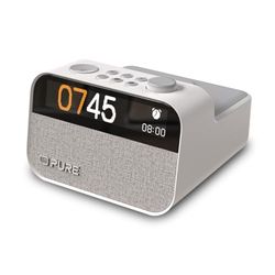 Pure Moment - Radio Reloj, luz de Despertador, Altavoz Bluetooth, máquina de Ruido, Cristal, algodón Blanco, Cargador inalámbrico