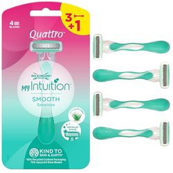 Wilkinson Sword - MyIntuition Smooth Sensitive Quattro - Maquinilla de afeitar desechable - Afeitadora de 4 cuchillas para mujer - 2 tiras lubricantes con aloe vera y vitamina E - Pack 3+1