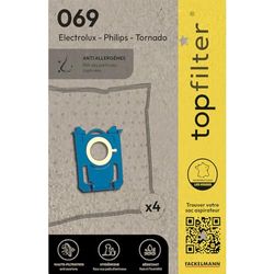 TopFilter 64069 Lot de 4 sacs aspirateur Philips Tornado Electrolux, sac aspirateur Philips, sac aspirateur Electrolux, poche aspirateur, Non tissé polypropylène, Plastique, Caoutchouc, 30 x 26 cm