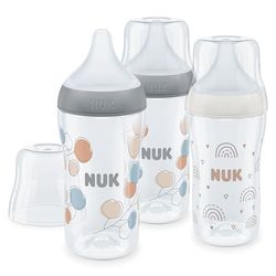 NUK Perfect Match Zestaw butelek dla niemowląt, 3+ miesięcy, pasuje do podniebienia, regulacja temperatury, odpowietrznik antykolkowy, 260 ml, bez BPA, silikonowy smoczek M, tęczowy i gałąź, 3 sztuki