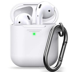 Keybudz PodSkinz AirPods Case Elevate [Front LED Visible] Protective Silicone Cover Compatible with AirPods 1 & AirPods 2 (Gen 2) (with Carabiner, White)