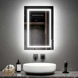 EMKE Specchio Luminoso Bagno 40x60 cm con Interruttore A Pulsante, Anti-appannamento, Due Colori Luce Bianco Freddo 6500K/Caldo 3000K Specchio Bagno con Funzione Memoria