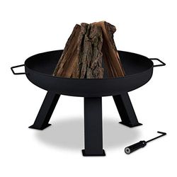 Relaxdays vuurschaal 60 cm, met pook, tuin & terras, terrashaard voor hout, vuurkorf staal, rond, zwart