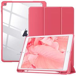 TiMOVO Funda Compatible con Nuevo iPad 9ª Generación 2021/iPad de 8ª Gen 2020 10.2" con Portalápiz, Carcasa Trasera Transparente con Auto Sueño/Estela para iPad 7ª Gen 10.2" 2019, Rojo Sandía