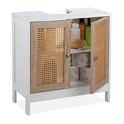 Relaxdays Vanity Unit, 2 Compartments, Siphon Recess, Rattan Doors, Bathroom Cabinet, 61.5 x 60 x 30 cm, White/Natural, Fibreboard