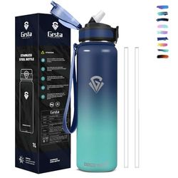 Grsta Borraccia Termica, Borraccia 1 litro, Borraccia con Cannuccia Senza BPA, Facile da Aprire, Serratura Sicura, Borraccia Palestra Senza Perdite, Borraccia per Scuola, Sport, Campeggio, Ciclismo