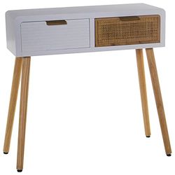 DRW Mesa de Entrada con 2 cajones de Madera DM y ratán en Blanco y Natural 80x30x78cm