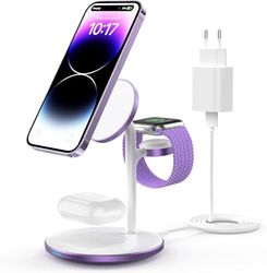 Station de Charge inductive, Chargeur de Station de Charge sans Fil 3 en 1, Chargeur sans Fil Compatible avec Chargeur Mag Safe pour iPhone 15 14 13 Pro Max,iWatch Ultra 2/1,Series 9,AirPods Violet