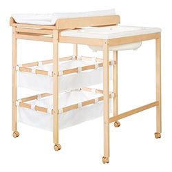 roba Table à Langer avec Baignoire Coulissante Baby Pool 2EN1 avec Matelas Imperméable Blanc et 2 Compartiments de Rangement - Bain Bébé Dès la Naissance - Bois Naturel