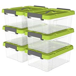 Cetomo 20L* 6 Plastic Opbergdoos, Tote doos, Transparante Organiserende Container met Duurzaam groen Deksel en Veilige Klink Gespen, Stapelbaar en Nestable, 6Pack