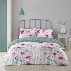 Super Dreamer 4 Piece Bedding Double Bed Set - Reversible Leaf Duvet Cover With Pillowcases & Fitted Sheet - Polycotton Breathable Comforter Cover