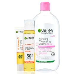 Mrs Hinch's Approved Garnier Skincare Saviours Bundle; Vitamin C Brightening Daily UV Fluid Glow 40ml, Micellar Water Facial Cleanser For Sensitive Skin 700ml, Vit C Brightening Over Make-Up UV Mist