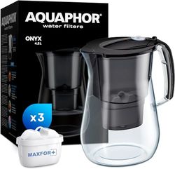 AQUAPHOR Waterfilter Onyx Zwart inclusief 3 MAXFOR+ Filter I Waterfilter in Glaslook voor 4,2 liter I Vermindert Kalk & Chloor I Perfect voor het gezin I Premium Kwaliteit I Stijlvolle Container