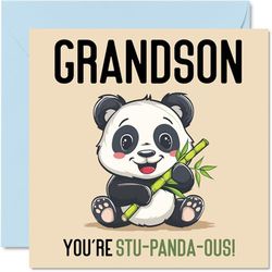 Verjaardagskaarten voor kleinzoon - Stu-Panda-ous - Grappige gelukkige verjaardagskaart voor kleinzoon van grootouders, kleinzoon verjaardagscadeaus, 145 mm x 145 mm grap-wenskaarten voor mannen hem