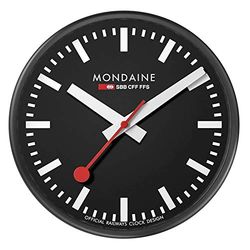 Mondaine - Wandklok 25 cm - stationsklok van aluminium met rode secondewijzer stofbestendig - Meerdere varianten - Gemaakt in Zwitserland, zwart, 25cm, Minimalistisch