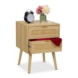 Relaxdays Bedside Table, with 2 Rattan Decorated Drawers, Wood Nightstand, Cabinet with Storage for Bedroom, Natural, Fibreboard, Aluminium, 55x40x41 cm