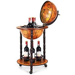 COSTWAY Barek globusowy, globus na kółkach, wózek barowy retro, drewniany stojak na wino, 2 poziomy, regał na wino, napoje