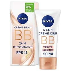 NIVEA - BB Crème 5 En 1 Teinte Médium - Crème Visage FPS 15 - Hydratation 24H - Réduit Imperfections & Signes De Fatigue - Huile De Jojoba Bio & Pigments Minéraux - Vegan - Tous Types De Peaux - 50 ml