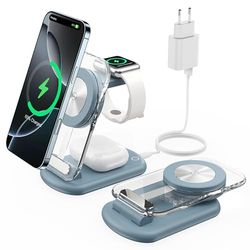Station de Charge sans Fil magnétique 3 en 1 pour appareils Apple, Chargeur Rapide et Pliable pour Voyage, avec lumière Nocturne pour iPhone 16, 15, 14, Apple Watch/AirPods Pro, LB