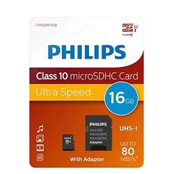 Philips Ultra Speed Carte microSDHC Card 16 Go + Adaptateur SD UHS-I U1, Vitesse de Lecture jusqu'à 80 Mo/s, A1 Fast App Performance, V10, Carte mémoire pour Smartphones, Tablette, PC, vidéo Full HD