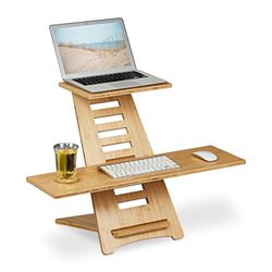 Relaxdays bureau verhoger, bamboe, met 2 planken, in de hoogte verstelbaar, zit-sta-verhoger laptop, werkplek, naturel