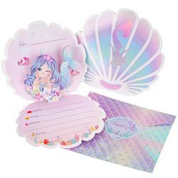 OurWarm Lot de 24 invitations de fête sirène nacrées 3D avec enveloppes