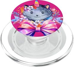 Coquette Happy Unicornio Gato Gris Floral Rosa Arco Caticornio PopSockets PopGrip para MagSafe