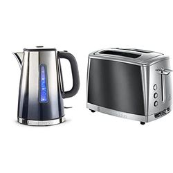 Russell Hobbs 25111 Eclipse Polished Stainless Steel and Midnight Blue Ombre Electric Kettle, 3000 W, 1.7 Litre & 23221 Luna Two Slice Toaster, 1500 W, Grey