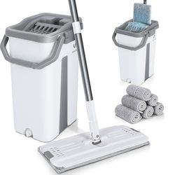 VOUNOT® Set Mocio Lavapavimenti e Secchio Strizzatore 2 Scomparti, Mop Piatto Rotante 360° con Manico in Acciaio Inox e 6 Panni Ricambio in Microfibra Pulizia Casa Legno Parquet Azzurro Marmo, Bianco