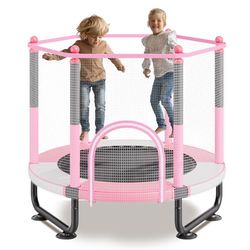 VEVOR Kindertrampoline, outdoor trampoline, mini-vrijetijdstraining, 1545 mm, voor peuters met veiligheidsnet en basketbalmand, verjaardagscadeau, kerstspeelgoed voor kinderen vanaf 3 jaar, roze