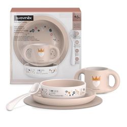 Suavinex, Set Vaisselle Bébé. Coffret Repas Enfant, 5 pièces. Comprend : Assiette + Bol + Tasse + Cuillère + Nappe Antidérapante. 6+ Mois. Durable, Apte pour le lave-vaisselle, Micro-onde. Rose
