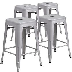 Flash Furniture Conjunto de 4 bancos de altura de bancada, grau comercial, 61 cm, sem encosto, metal, para interiores e exteriores, assento quadrado, aço galvanizado, plástico, cor prata