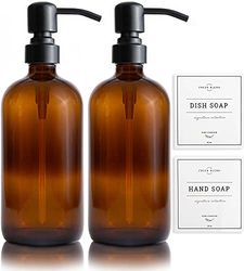 Vine Creations Lot de 2 distributeurs de Savon en Verre ambré, Bouteilles épaisses de 473,6 g, Pompe en Acier Inoxydable, Pot Moderne et Vintage, Accessoires de Salle de Bain et de Cuisine, avec