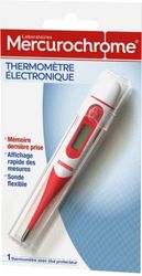 MERCUROCHROME – Termómetro electrónico – Fácil y rápido de usar – Sonda flexible – Memoria última toma – Funda protectora y batería incluida – 1 unidad