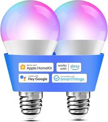 Meross Lampadina LED E27 Smart Compatibile con Apple HomeKit, Siri, Alexa, Google Home e SmartThings, Lampadina WiFi RGBWW, Dimmerabile, Multicolore, Controllo Vocale, 2700k-6500k, 2 Pezzi