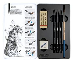 MILAN Caja metálica 3 lápices de grafito acuarelable (HB, 4B y 8B) 1 sacapuntas Afila 1 goma The Master Gum 1 pincel, 07168103C