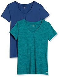 Amazon Essentials Dames Tech Stretch T-shirt met korte mouwen en V-hals (verkrijgbaar in grote maten), 2-Pack, Blauw/Blauwgroen Ruimteverf, XL