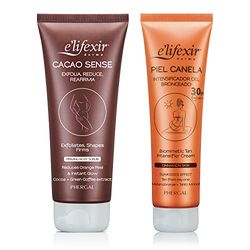 Elifexir Cacao Sense + Piel Canela | Exfoliante Corporal Reafirmante e Hidratante + Gel Bronceador SPF 30 Acelerador del Bronceado | Waterproof | Protector Solar UVA, UVB e IR-A | 200ml + 150ml