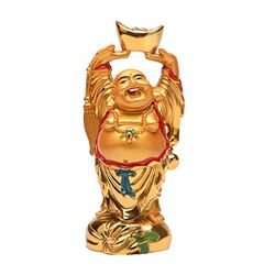 BRABUD Statue de Bouddha Rieur doré en résine Feng Shui Tenant Un Lingot - Décoration de Maison ou de Bureau - Cadeau de Collection - 11,9 cm - TQZDBS014